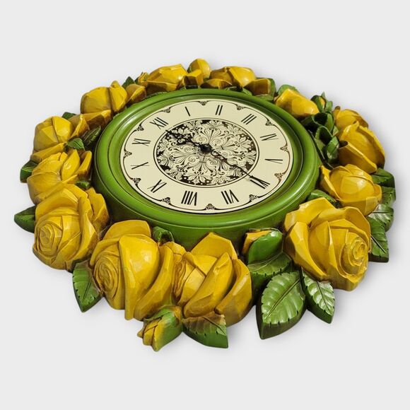 Syroco Homco Yellow Green Rose Floral Large Decorative Wall Clock "Not Working" - Picture 2 of 14